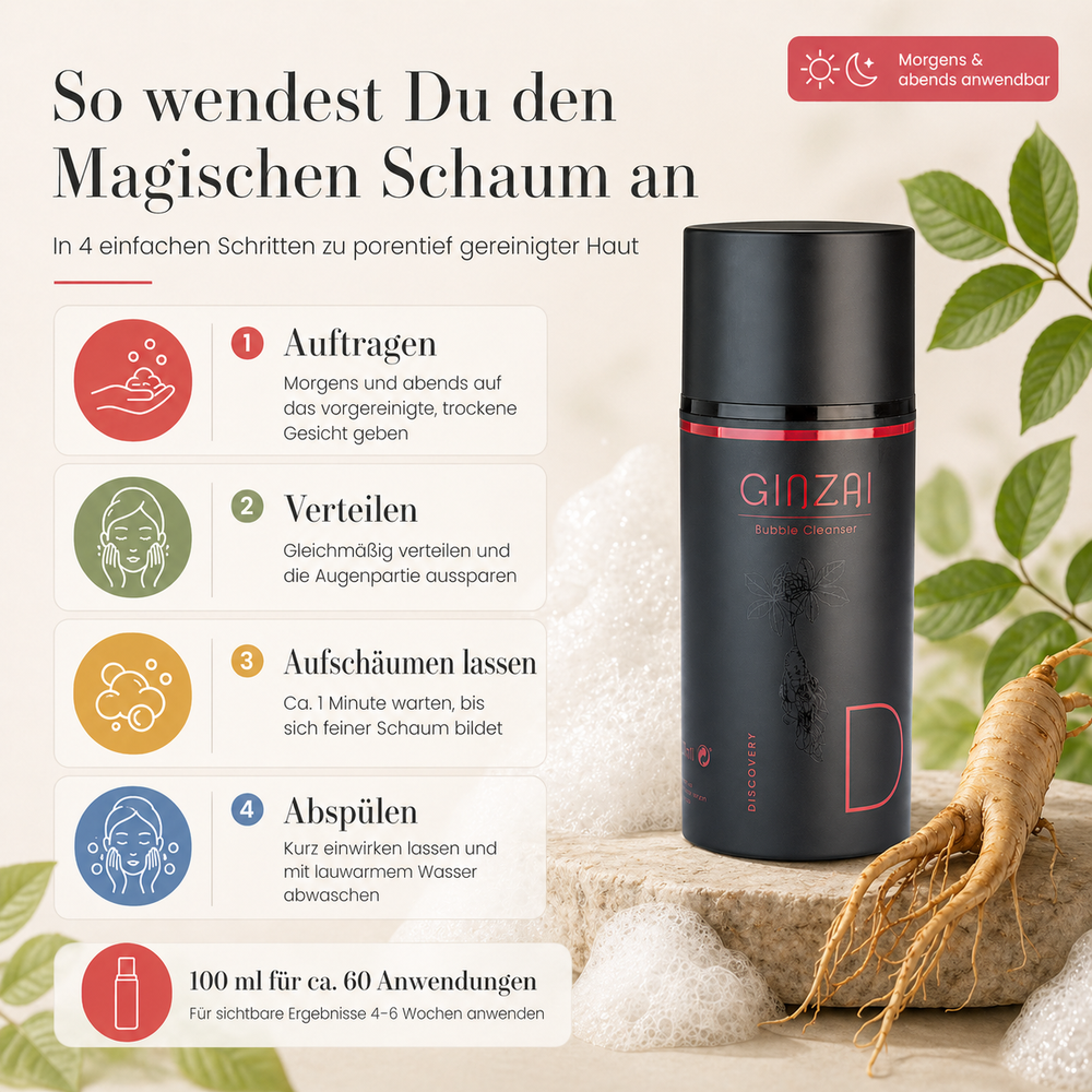 Schwarze GINZAI Bubble Cleanser Flasche auf Natursteinblock mit frischer Ginsengwurzel. Links Anleitung in 4 Schritten: „1. Auftragen – morgens und abends auf das vorgereinigte, trockene Gesicht geben"; „2. Verteilen – gleichmäßig verteilen und die Augenpartie aussparen"; „3. Aufschäumen lassen – ca. 1 Minute warten, bis sich feiner Schaum bildet"; „4. Abspülen – kurz einwirken lassen und mit lauwarmem Wasser abwaschen". Oben rechts Badge „Morgens & abends anwendbar". Unten: 100 ml für ca. 60 Anwendungen