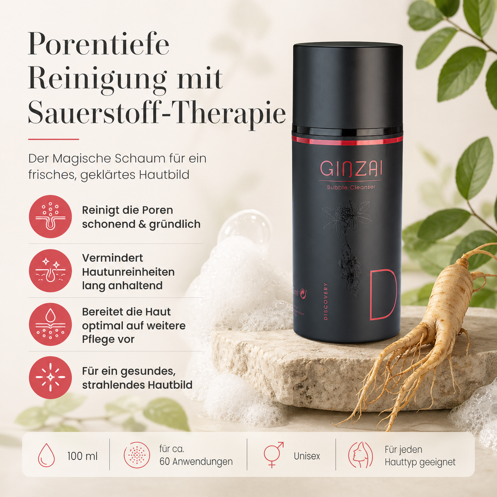 Schwarze GINZAI Bubble Cleanser Flasche auf Natursteinblock mit frischer Ginsengwurzel und weißem Schaum. Überschrift: „Porentiefe Reinigung mit Sauerstoff-Therapie – Der Magische Schaum für ein frisches, geklärtes Hautbild". Vier Wirkungshinweise mit roten Icons: „Reinigt die Poren schonend & gründlich"; „Vermindert Hautunreinheiten lang anhaltend"; „Bereitet die Haut optimal auf weitere Pflege vor"; „Für ein gesundes, strahlendes Hautbild". Unten: 100 ml · Für jeden Hauttyp geeignet · Unisex