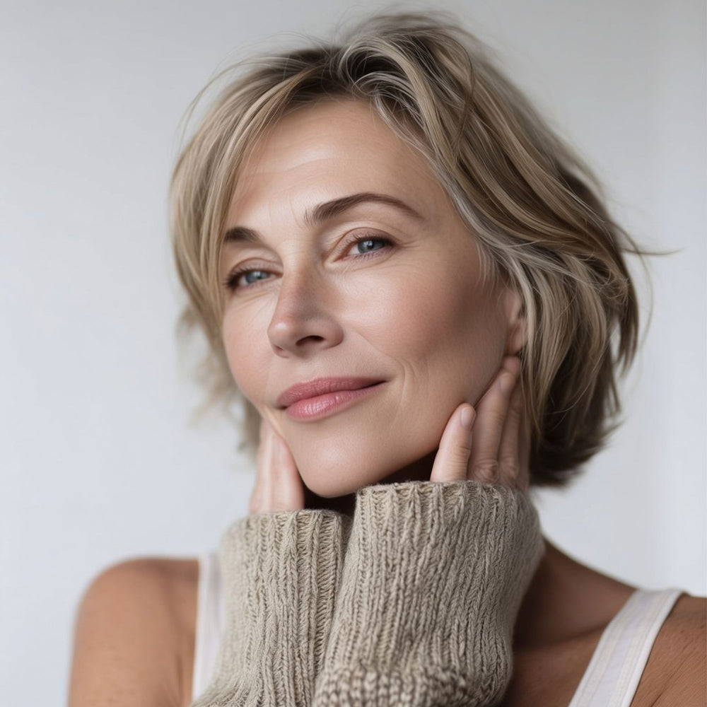 Reife Frau mit kurzem graublondem Bob-Haar lächelt sanft in die Kamera und hält beide Hände mit beigen fingerfreien Strickhandschuhen an ihre Wangen, trägt ein weißes Trägertop, heller grauer Hintergrund – Lifestyle-Bild für die GINZAI Firming Night Cream