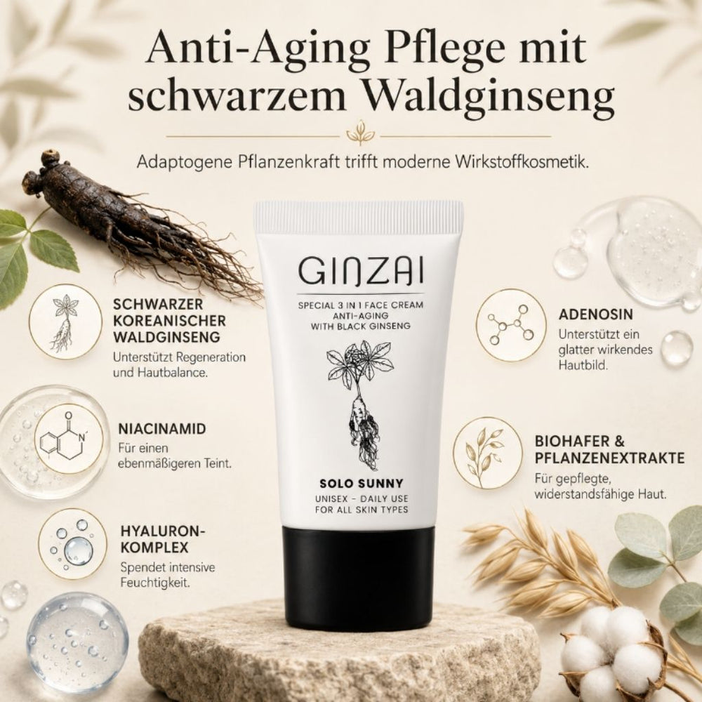 GINZAI SOLO SUNNY Tube auf Steinsockel umgeben von Naturzutaten und Molekülgrafiken, fünf Wirkstoffe: Schwarzer koreanischer Waldginseng, Niacinamid, Hyaluron-Komplex, Adenosin und Biohafer & Pflanzenextrakte