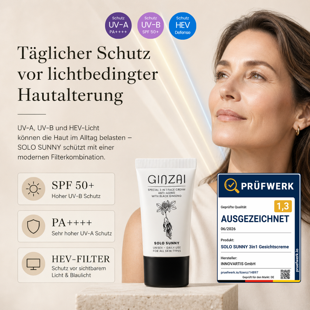 Frau blickt entspannt nach oben, daneben GINZAI SOLO SUNNY Tube, Schutz-Icons UV-A PA++++, UV-B SPF 50+, HEV Defense, Prüfwerk-Siegel „Ausgezeichnet 1,3" für geprüfte Qualität 06/2026, Aufschrift „Täglicher Schutz vor lichtbedingter Hautalterung"
