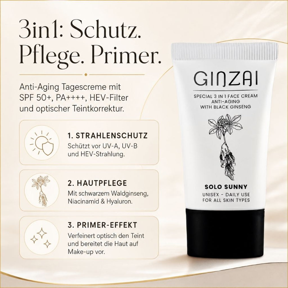 GINZAI SOLO SUNNY Tube neben drei Erklärboxen: 1. Strahlenschutz – schützt vor UV-A, UV-B und HEV-Strahlung; 2. Hautpflege – mit schwarzem Waldginseng, Niacinamid & Hyaluron; 3. Primer-Effekt – verfeinert optisch den Teint und bereitet die Haut auf Make-up vor